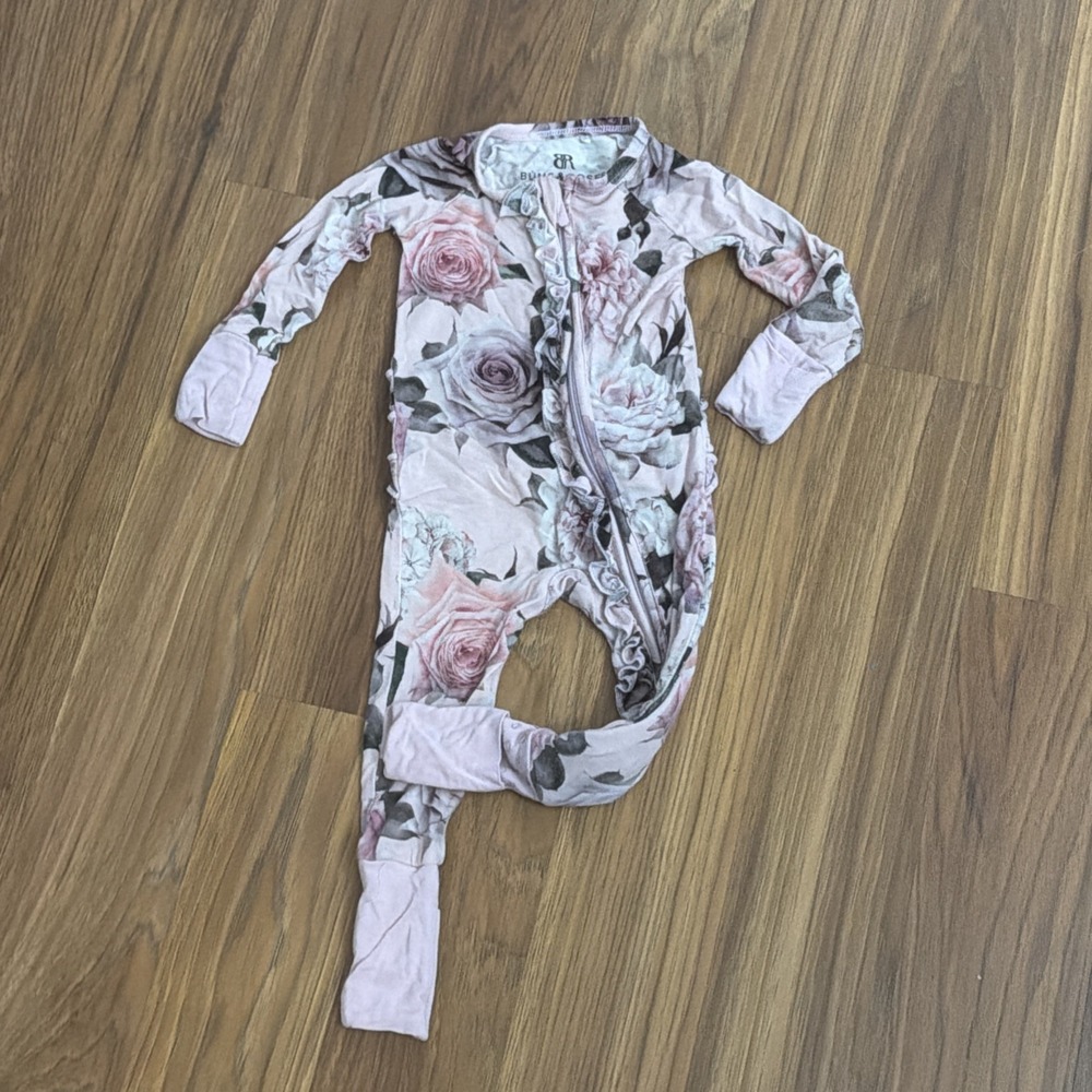Bums & Roses Baby Girls 3-6 Pink Roses Bamboo Footed Sleeper Pajamas